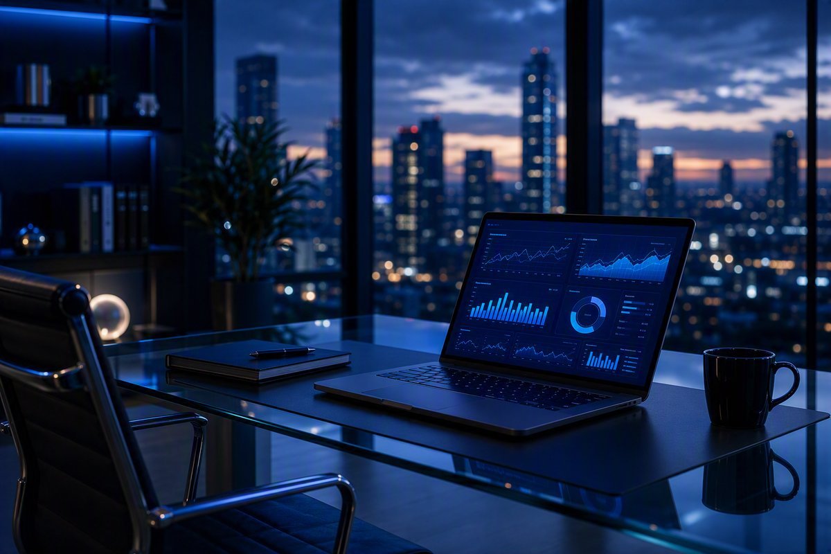 Escritorio con panel de datos y análisis de indicadores